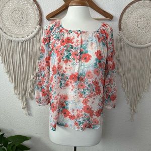 LC Lauren Conrad coral and aqua floral print sheer blouse XS